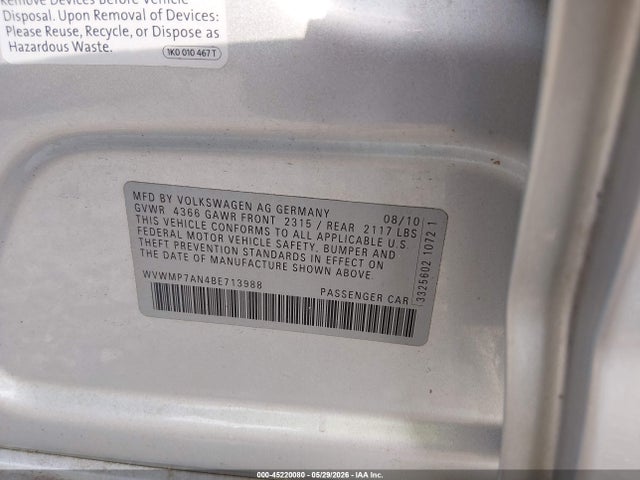 Продаж на аукціоні авто 2011 Volkswagen Cc Sport, vin: WVWMP7AN4BE713988, номер лоту: 45220080