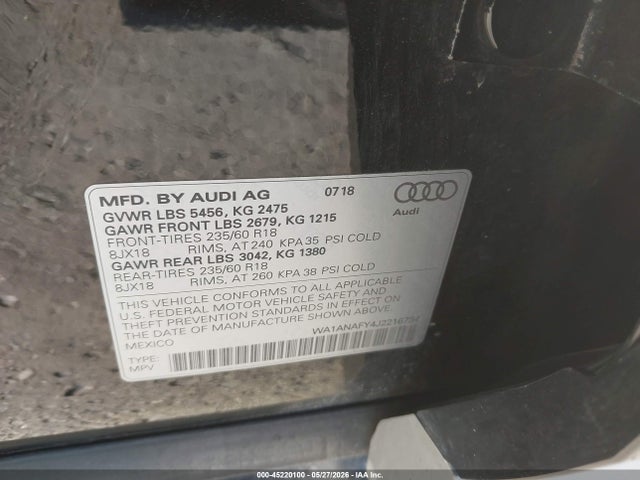 Aukcja sprzedaży 2018 Audi Q5 2.0t Premium/2.0t Tech Premium, vin: WA1ANAFY4J2216734, numer aukcji: 45220100