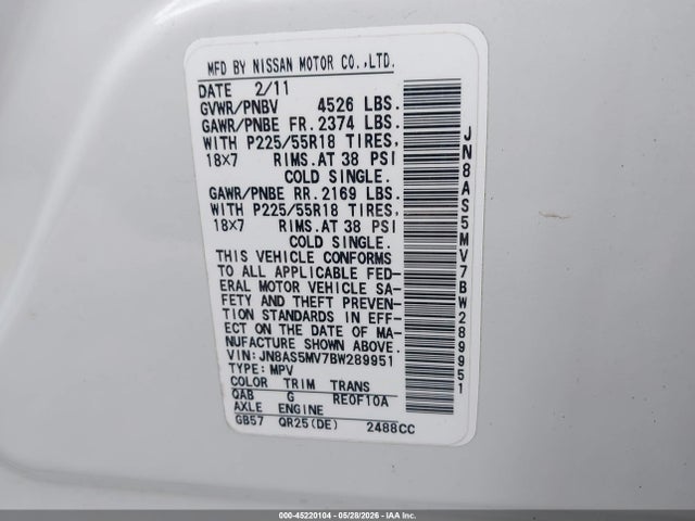 45220104 :رقم المزاد ، JN8AS5MV7BW289951 vin ، 2011 Nissan Rogue Sv مزاد بيع