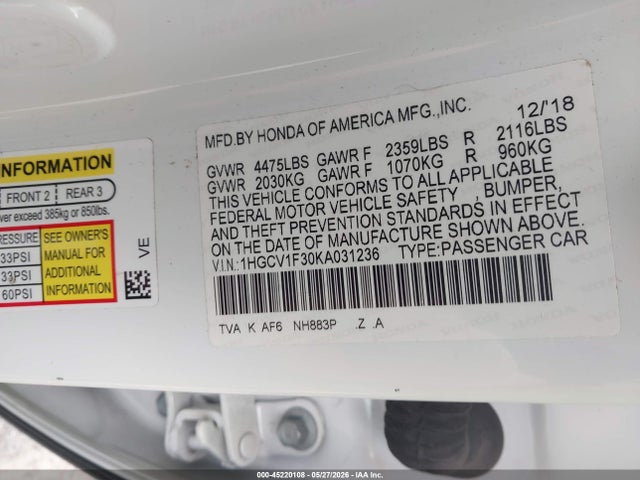 1HGCV1F30KA031236 Honda Accord Sport