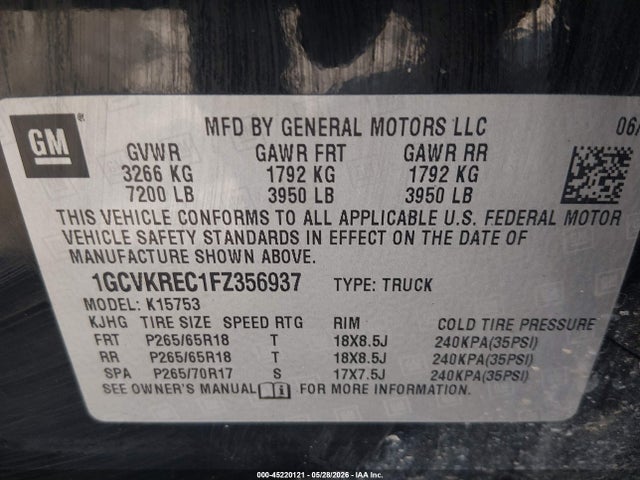 Aukcja sprzedaży 2015 Chevrolet Silverado 1500 2lt, vin: 1GCVKREC1FZ356937, numer aukcji: 45220121