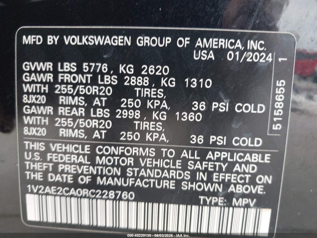 45220135 :رقم المزاد ، 1V2AE2CA0RC228760 vin ، 2024 Volkswagen Atlas Cross Sport 2.0t Sel R-line مزاد بيع