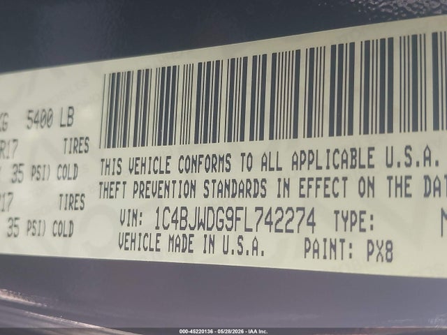 2015 Jeep Wrangler Unlimited Sport მანქანა იყიდება აუქციონზე, vin: 1C4BJWDG9FL742274, აუქციონის ნომერი: 45220136