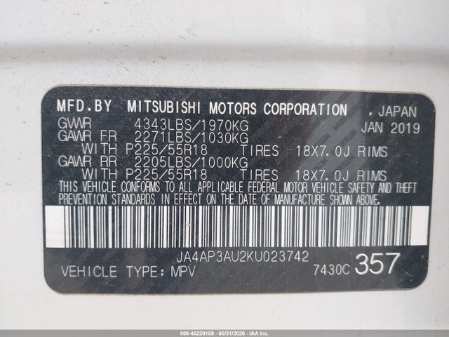 Auction sale of the 2019 Mitsubishi Outlander Sport 2.0 Es, vin: JA4AP3AU2KU023742, lot number: 45220159