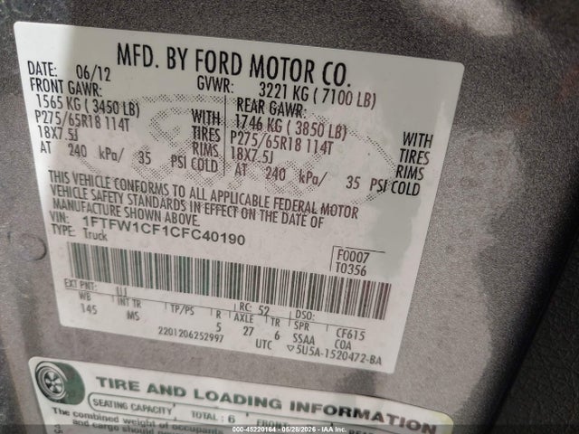 45220164 :رقم المزاد ، 1FTFW1CF1CFC40190 vin ، 2012 Ford F-150 Xlt مزاد بيع