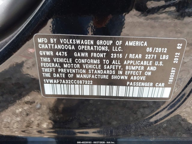 Aukcja sprzedaży 2012 Volkswagen Passat 2.5l S, vin: 1VWAP7A32CC087322, numer aukcji: 45220183