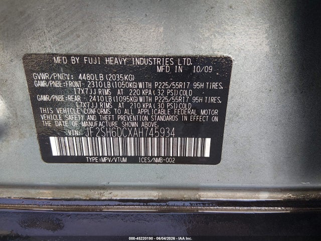 Продаж на аукціоні авто 2010 Subaru Forester 2.5x Limited, vin: JF2SH6DCXAH745934, номер лоту: 45220190