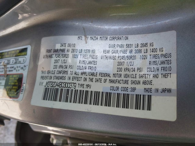 Aukcja sprzedaży 2011 Mazda Cx-9 Grand Touring, vin: JM3TB2DA4B0300379, numer aukcji: 45220191