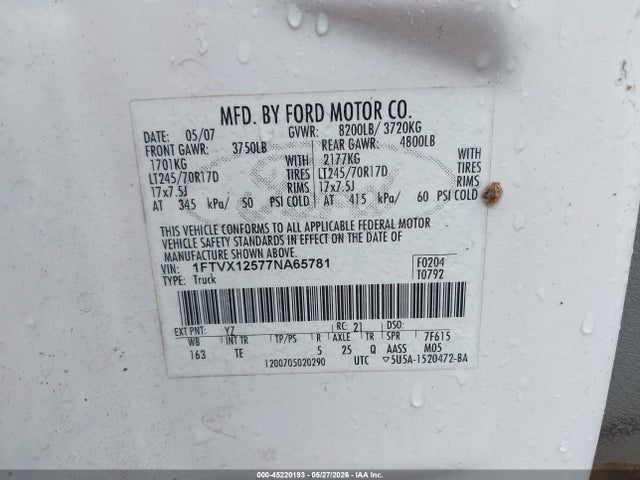 2007 Ford F-150 Xl/xlt მანქანა იყიდება აუქციონზე, vin: 1FTVX12577NA65781, აუქციონის ნომერი: 45220193