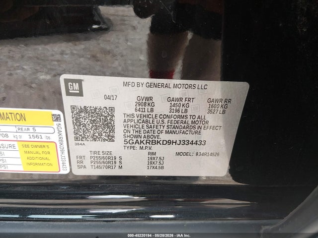 45220194 :رقم المزاد ، 5GAKRBKD9HJ334433 vin ، 2017 Buick Enclave Leather مزاد بيع