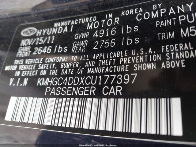 45220201 :رقم المزاد ، KMHGC4DDXCU177397 vin ، 2012 Hyundai Genesis 3.8 مزاد بيع