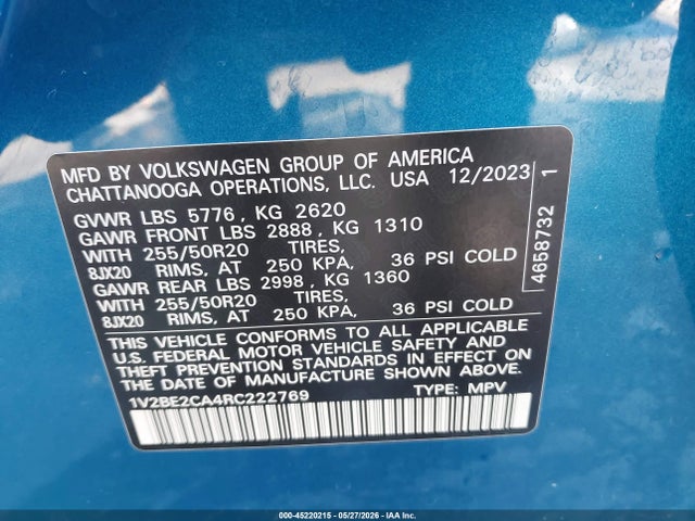 Продажа на аукционе авто 2024 Volkswagen Atlas Cross Sport 2.0t Sel, vin: 1V2BE2CA4RC222769, номер лота: 45220215