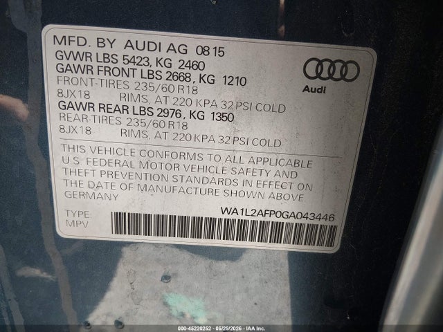 Продажа на аукционе авто 2016 Audi Q5 2.0t Premium, vin: WA1L2AFP0GA043446, номер лота: 45220252