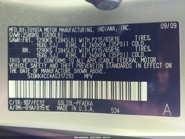 Продажа на аукционе авто 2010 Toyota Sienna Le, vin: 5TDKK4CC4AS317293, номер лота: 45220253