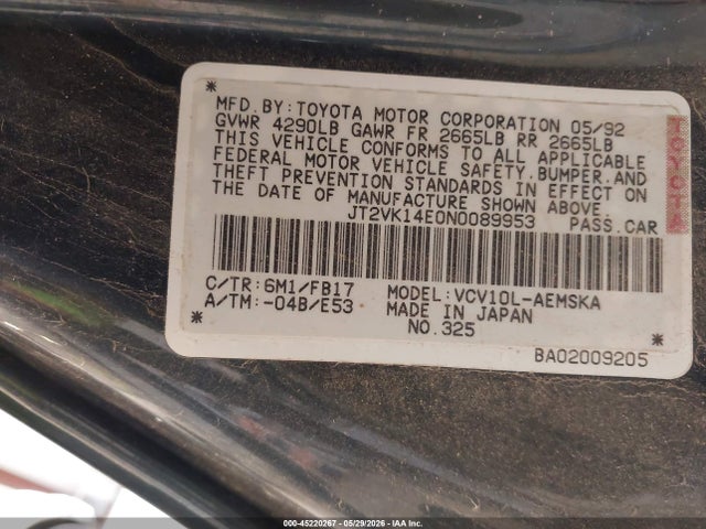 Aukcja sprzedaży 1992 Toyota Camry Se, vin: JT2VK14E0N0089953, numer aukcji: 45220267