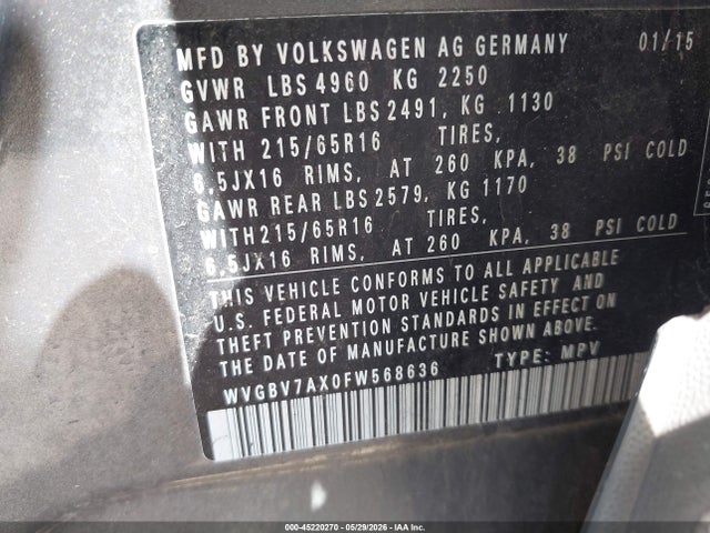 45220270 :رقم المزاد ، WVGBV7AX0FW568636 vin ، 2015 Volkswagen Tiguan S مزاد بيع