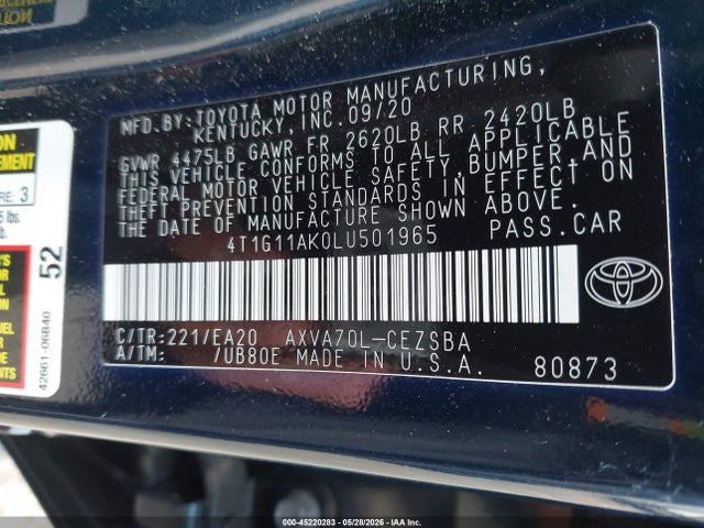 45220283 :رقم المزاد ، 4T1G11AK0LU501965 vin ، 2020 Toyota Camry Se مزاد بيع
