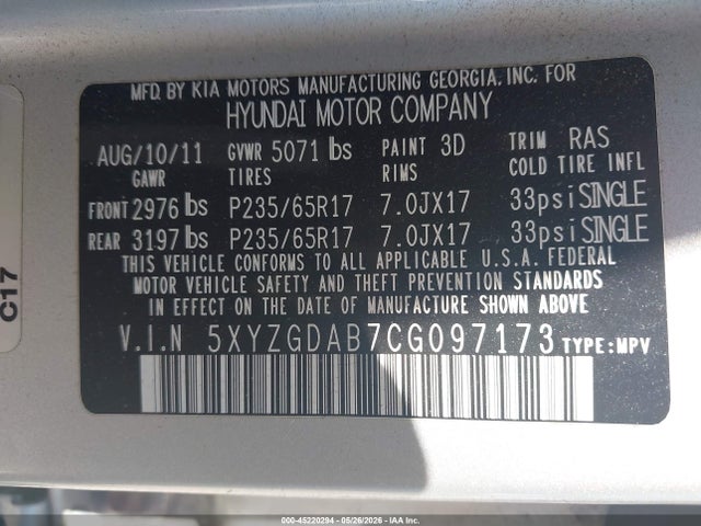 2012 Hyundai Santa Fe Gls მანქანა იყიდება აუქციონზე, vin: 5XYZGDAB7CG097173, აუქციონის ნომერი: 45220294