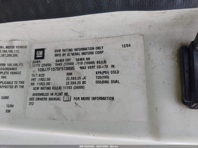 Продажа на аукционе авто 2005 Chevrolet Ct7500, vin: 1GBJ7F1375F513895, номер лота: 45220303