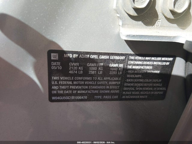 Продаж на аукціоні авто 2011 Buick Regal Cxl Russelsheim, vin: W04GU5GC1B1006476, номер лоту: 45220331