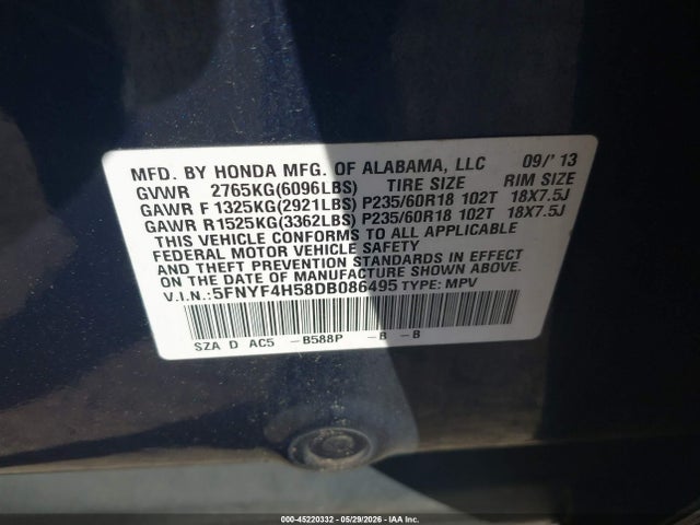 Продажа на аукционе авто 2013 Honda Pilot Ex-l, vin: 5FNYF4H58DB086495, номер лота: 45220332