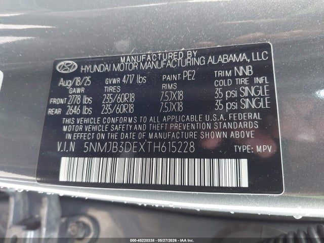 2026 Hyundai Tucson Sel მანქანა იყიდება აუქციონზე, vin: 5NMJB3DEXTH615228, აუქციონის ნომერი: 45220338