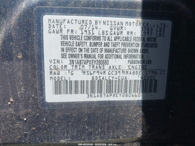 Aukcja sprzedaży 2014 Nissan Sentra S, vin: 3N1AB7APXEY280660, numer aukcji: 45220358