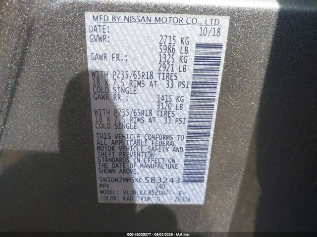 Aukcja sprzedaży 2019 Nissan Pathfinder S, vin: 5N1DR2MM5KC583243, numer aukcji: 45220377