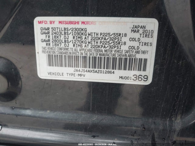45220383 :رقم المزاد ، JA4JS4AX5AZ012864 vin ، 2010 Mitsubishi Outlander Xls مزاد بيع