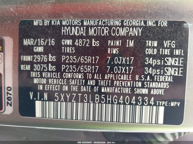 2017 Hyundai Santa Fe Sport 2.4l მანქანა იყიდება აუქციონზე, vin: 5XYZT3LB5HG404334, აუქციონის ნომერი: 45220407