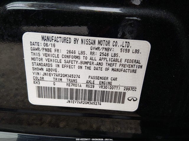 45220417 :رقم المزاد ، JN1EV7AR2GM345274 vin ، 2016 Infiniti Q50 3.0t Premium مزاد بيع