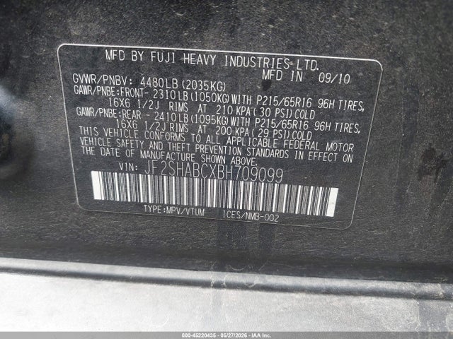 Продажа на аукционе авто 2011 Subaru Forester 2.5x, vin: JF2SHABCXBH709099, номер лота: 45220435