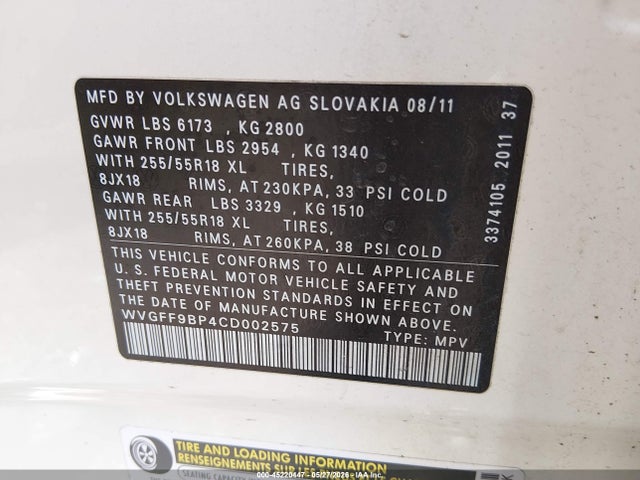 45220447 :رقم المزاد ، WVGFF9BP4CD002575 vin ، 2012 Volkswagen Touareg Vr6 Sport مزاد بيع