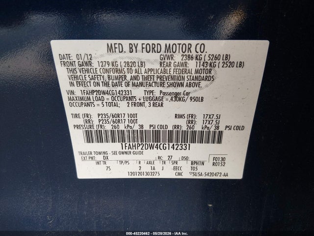 2012 Ford Taurus Se მანქანა იყიდება აუქციონზე, vin: 1FAHP2DW4CG142331, აუქციონის ნომერი: 45220462