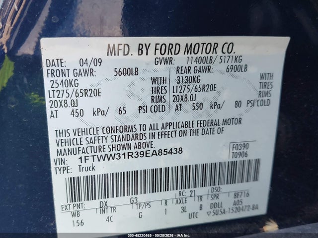 Продаж на аукціоні авто 2009 Ford F-350 Fx4/harley-davidson/king Ranch/lariat/xl/xlt, vin: 1FTWW31R39EA85438, номер лоту: 45220465