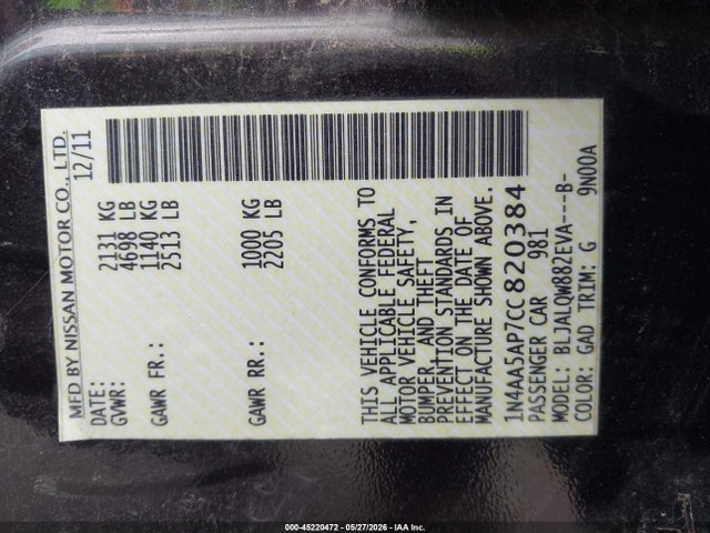 Aukcja sprzedaży 2012 Nissan Maxima 3.5 S, vin: 1N4AA5AP7CC820384, numer aukcji: 45220472