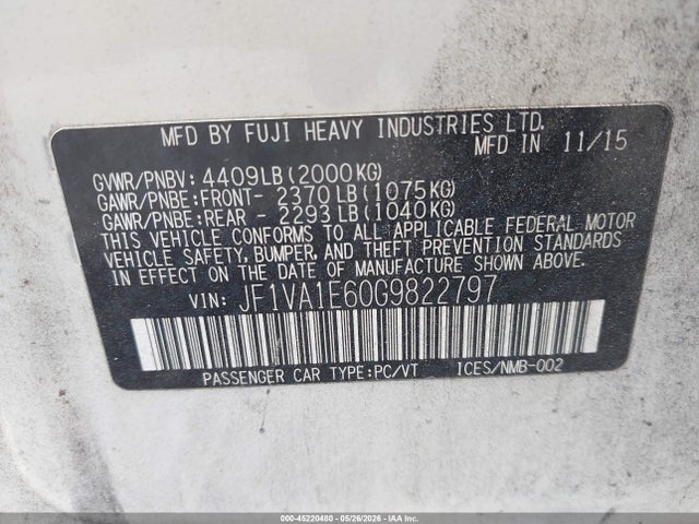 45220480 :رقم المزاد ، JF1VA1E60G9822797 vin ، 2016 Subaru Wrx Premium مزاد بيع