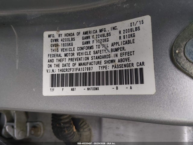 Aukcja sprzedaży 2015 Honda Accord Lx, vin: 1HGCR2F31FA107997, numer aukcji: 45220497