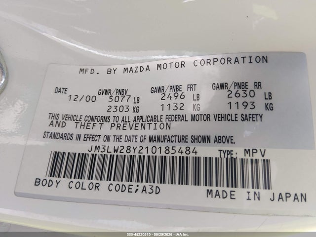 45220510 :رقم المزاد ، JM3LW28Y210185484 vin ، 2001 Mazda Mpv Dx/es/lx مزاد بيع