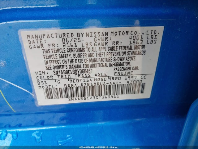 3N1AB8CV3SY360461 Nissan SENTRA SV