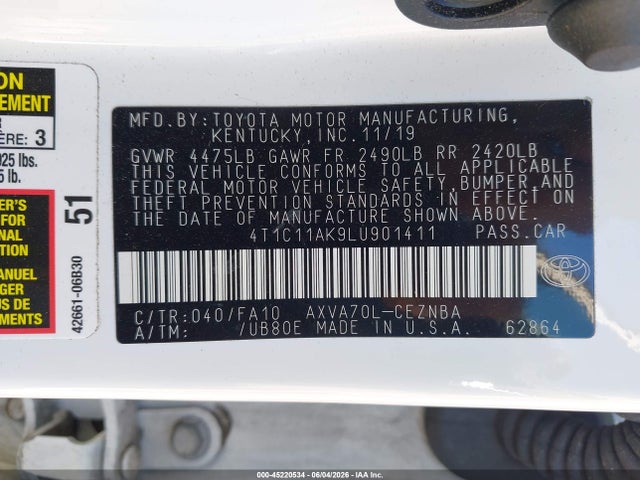 Продажа на аукционе авто 2020 Toyota Camry Le, vin: 4T1C11AK9LU901411, номер лота: 45220534