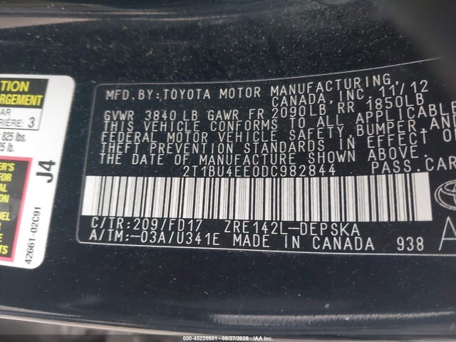 Продаж на аукціоні авто 2013 Toyota Corolla S, vin: 2T1BU4EE0DC982844, номер лоту: 45220551