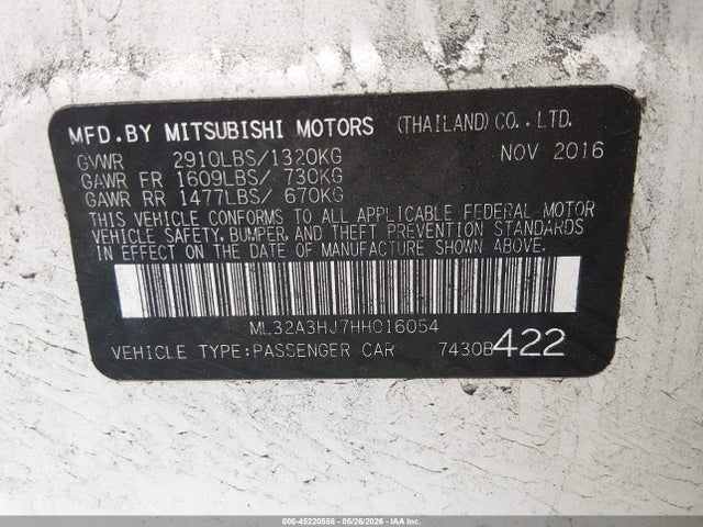 2017 Mitsubishi Mirage Es მანქანა იყიდება აუქციონზე, vin: ML32A3HJ7HH016054, აუქციონის ნომერი: 45220558