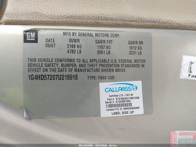 Продажа на аукционе авто 2007 Buick Lucerne Cxl, vin: 1G4HD57207U218918, номер лота: 45220561