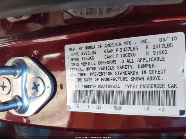 Aukcja sprzedaży 2010 Honda Accord 2.4 Lx, vin: 1HGCP2F3XAA109634, numer aukcji: 45220563