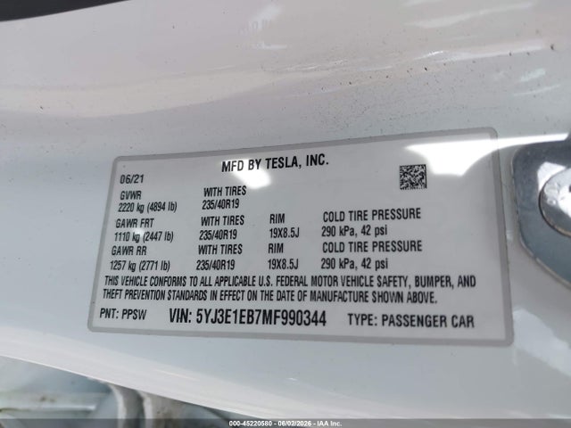 Tesla Model 3 Long Range 2021 5YJ3E1EB7MF990344 Image 9