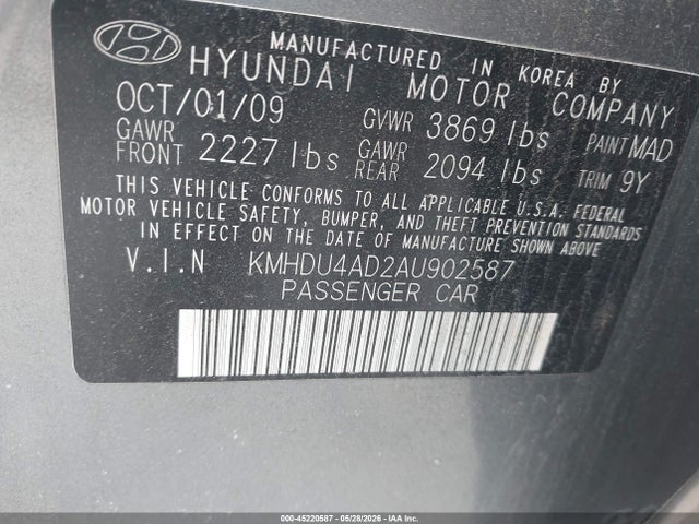 Aukcja sprzedaży 2010 Hyundai Elantra Gls, vin: KMHDU4AD2AU902587, numer aukcji: 45220587