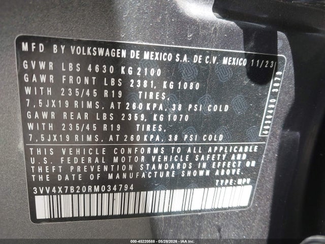 Aukcja sprzedaży 2024 Volkswagen Taos 1.5t Sel, vin: 3VV4X7B20RM034794, numer aukcji: 45220588