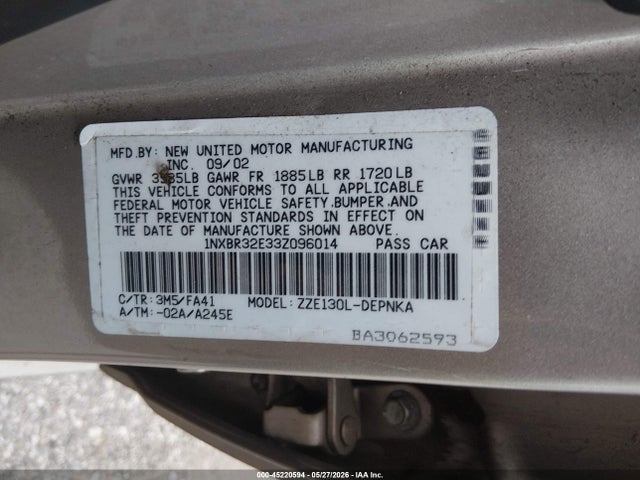 Продаж на аукціоні авто 2003 Toyota Corolla Le, vin: 1NXBR32E33Z096014, номер лоту: 45220594