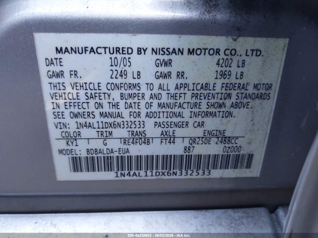 Продаж на аукціоні авто 2006 Nissan Altima 2.5 S, vin: 1N4AL11DX6N332533, номер лоту: 45220603